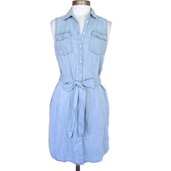 UNTUCKit Light Blue Chambray Perry Sleeveless Shirt Dress Size 8 Belted Casual - Picture 2 of 11
